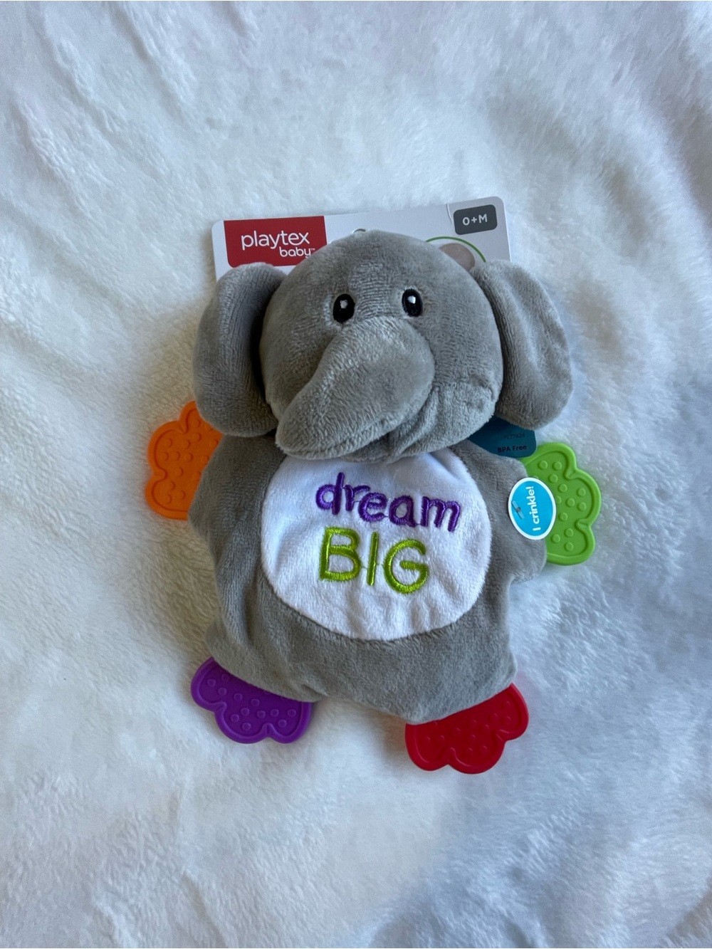 Playtex Gray Elephant Plush with Orange Green Purple and Red Teethers